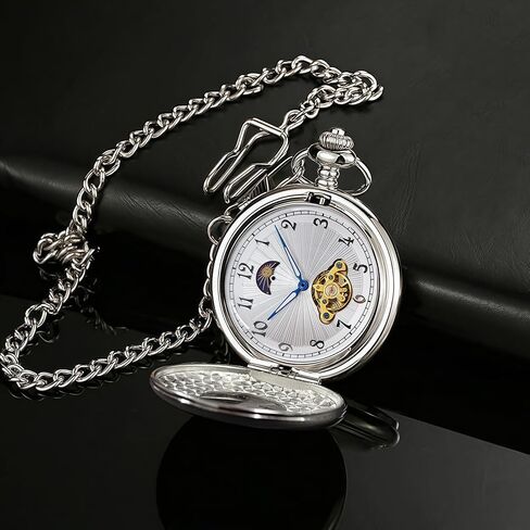 HOUSIA Vintage Mechanical Pocket Watch for Men - Moon Phase & Imitated Tourbillon Design, Skeleton Face with Bold Numerals, Antique Silver Metal Case with Chain, Premium Keepsake Gift for Dad/Husband in Saudi Arabia
