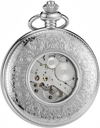 HOUSIA Vintage Mechanical Pocket Watch for Men - Moon Phase & Imitated Tourbillon Design, Skeleton Face with Bold Numerals, Antique Silver Metal Case with Chain, Premium Keepsake Gift for Dad/Husband in Saudi Arabia