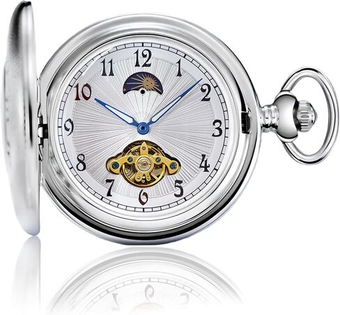 HOUSIA Vintage Mechanical Pocket Watch for Men - Moon Phase & Imitated Tourbillon Design, Skeleton Face with Bold Numerals, Antique Silver Metal Case with Chain, Premium Keepsake Gift for Dad/Husband in Saudi Arabia