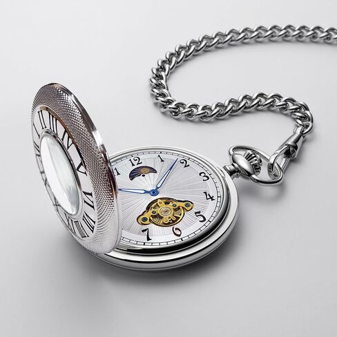 HOUSIA Vintage Mechanical Pocket Watch for Men - Moon Phase & Imitated Tourbillon Design, Skeleton Face with Bold Numerals, Antique Silver Metal Case with Chain, Premium Keepsake Gift for Dad/Husband in Saudi Arabia