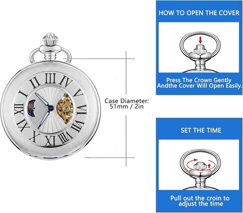 HOUSIA Vintage Mechanical Pocket Watch for Men - Moon Phase & Imitated Tourbillon Design, Skeleton Face with Bold Numerals, Antique Silver Metal Case with Chain, Premium Keepsake Gift for Dad/Husband in Saudi Arabia
