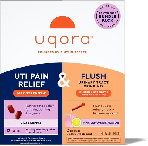 Uqora UTI Pain Maximum Relief & Flush Convenience Bundle - Maximum OTC Strength Phenazopyridine HCl & Urinary Tract Supplement Drink Mix - Pink Lemonade Flavor - 12 Tablets & 2 Drink Packets in Saudi Arabia