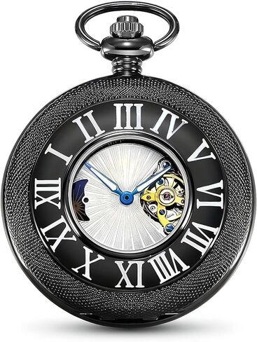 HOUSIA Vintage Mechanical Pocket Watch for Men - Moon Phase & Imitated Tourbillon Design, Skeleton Face with Bold Numerals, Antique Silver Metal Case with Chain, Premium Keepsake Gift for Dad/Husband in Saudi Arabia