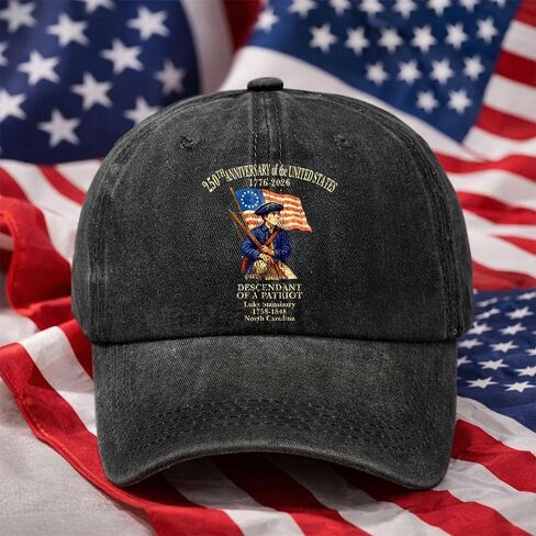Personalized Descendant of A Patriot Hat, 250th Anniversary USA 1776-2026, Custom Ancestor Name Washed Denim Cap, Heritage Dad Hat, for Daughter, Son, 4th of July in Saudi Arabia