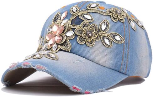 Elegtiskas Embroidered Dad Hat Women Men Cute Adjustable Denim Floral Baseball Cap in Saudi Arabia