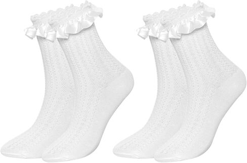 Gvhntk 2 Pair Women's Ruffle Socks Mid-Calf Lace Ruffle Frilly Ankle Socks Soft Stretchy Comfortable Cotton Princess Socks in Kuwait