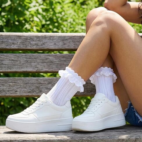 Gvhntk 2 Pair Women's Ruffle Socks Mid-Calf Lace Ruffle Frilly Ankle Socks Soft Stretchy Comfortable Cotton Princess Socks in Kuwait