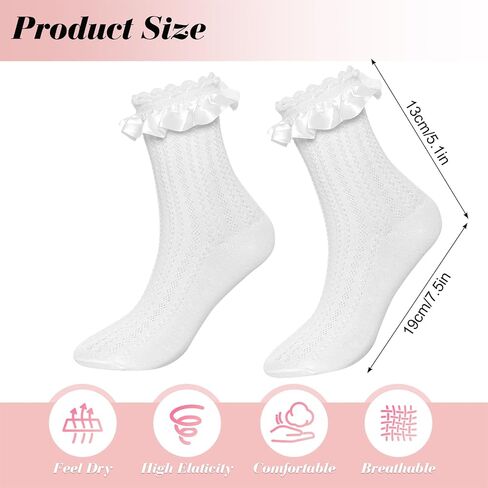 Gvhntk 2 Pair Women's Ruffle Socks Mid-Calf Lace Ruffle Frilly Ankle Socks Soft Stretchy Comfortable Cotton Princess Socks in Kuwait