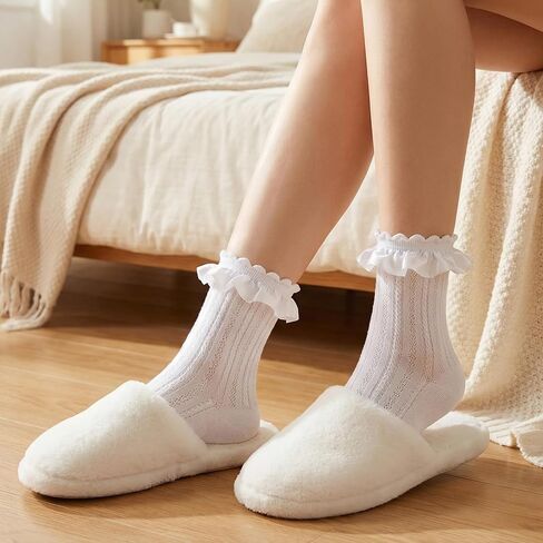 Gvhntk 2 Pair Women's Ruffle Socks Mid-Calf Lace Ruffle Frilly Ankle Socks Soft Stretchy Comfortable Cotton Princess Socks in Kuwait