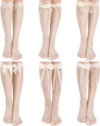 6 Pairs Cute Knee High Socks with Bow, Sweet Girls Thin Sheer High Socks Cream Lolita Ultra-thin Lace Princess Dress Stockings for Loafer Dance Cosplay in Saudi Arabia