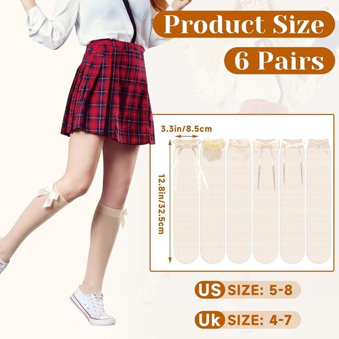 6 Pairs Cute Knee High Socks with Bow, Sweet Girls Thin Sheer High Socks Cream Lolita Ultra-thin Lace Princess Dress Stockings for Loafer Dance Cosplay in Saudi Arabia