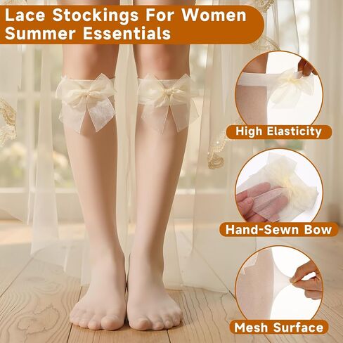 6 Pairs Cute Knee High Socks with Bow, Sweet Girls Thin Sheer High Socks Cream Lolita Ultra-thin Lace Princess Dress Stockings for Loafer Dance Cosplay in Saudi Arabia