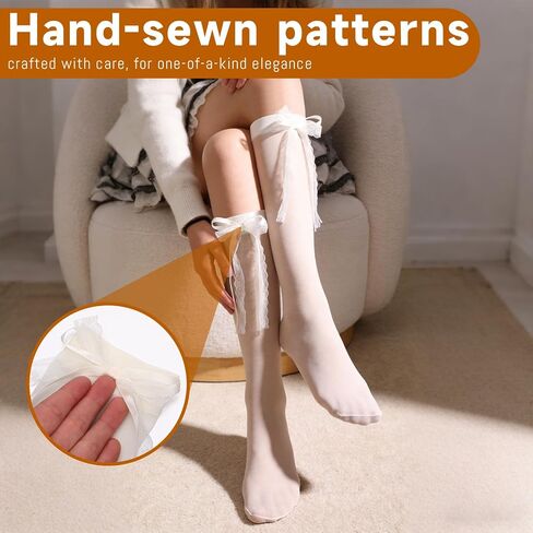 6 Pairs Cute Knee High Socks with Bow, Sweet Girls Thin Sheer High Socks Cream Lolita Ultra-thin Lace Princess Dress Stockings for Loafer Dance Cosplay in Saudi Arabia