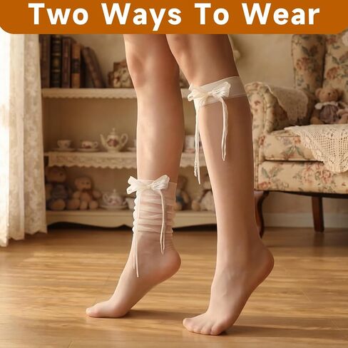6 Pairs Cute Knee High Socks with Bow, Sweet Girls Thin Sheer High Socks Cream Lolita Ultra-thin Lace Princess Dress Stockings for Loafer Dance Cosplay in Saudi Arabia