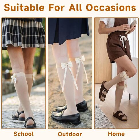 6 Pairs Cute Knee High Socks with Bow, Sweet Girls Thin Sheer High Socks Cream Lolita Ultra-thin Lace Princess Dress Stockings for Loafer Dance Cosplay in Saudi Arabia