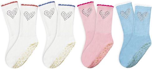 1/2/3/4 Pairs Cute Pilates Grip Socks for Women Ruffle Rhinestone Crew Non Slip Grip Socks for Yoga, Barre,Work in Saudi Arabia