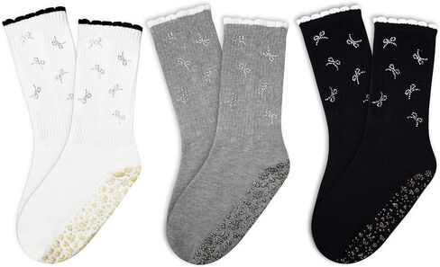 1/2/3/4 Pairs Cute Pilates Grip Socks for Women Ruffle Rhinestone Crew Non Slip Grip Socks for Yoga, Barre,Work in Saudi Arabia