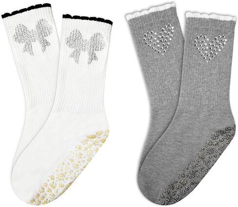 1/2/3/4 Pairs Cute Pilates Grip Socks for Women Ruffle Rhinestone Crew Non Slip Grip Socks for Yoga, Barre,Work in Saudi Arabia