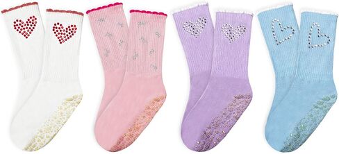 1/2/3/4 Pairs Cute Pilates Grip Socks for Women Ruffle Rhinestone Crew Non Slip Grip Socks for Yoga, Barre,Work in Saudi Arabia