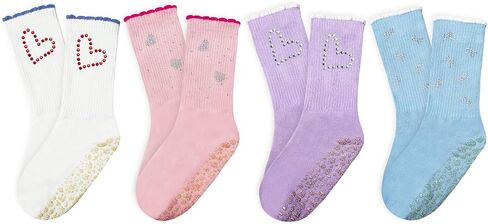 1/2/3/4 Pairs Cute Pilates Grip Socks for Women Ruffle Rhinestone Crew Non Slip Grip Socks for Yoga, Barre,Work in Saudi Arabia