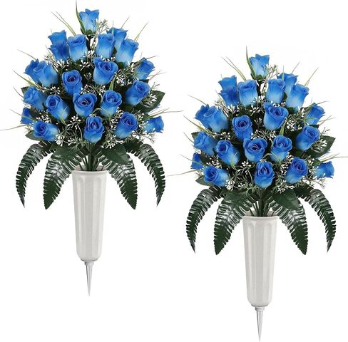 Lewondr Artificial Cemetery Flowers with Vase, 2 Sets Outdoor Grave Decorations UV Resistant Silk Rose Bouquet Graveyard Memorial Day Flowers for Cemetery Headstones Decoration, Blue in Saudi Arabia