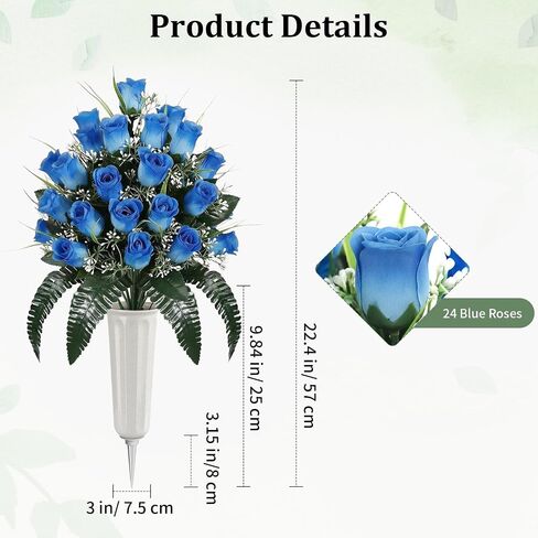 Lewondr Artificial Cemetery Flowers with Vase, 2 Sets Outdoor Grave Decorations UV Resistant Silk Rose Bouquet Graveyard Memorial Day Flowers for Cemetery Headstones Decoration, Blue in Saudi Arabia