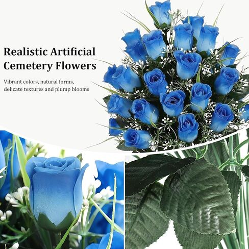 Lewondr Artificial Cemetery Flowers with Vase, 2 Sets Outdoor Grave Decorations UV Resistant Silk Rose Bouquet Graveyard Memorial Day Flowers for Cemetery Headstones Decoration, Blue in Saudi Arabia