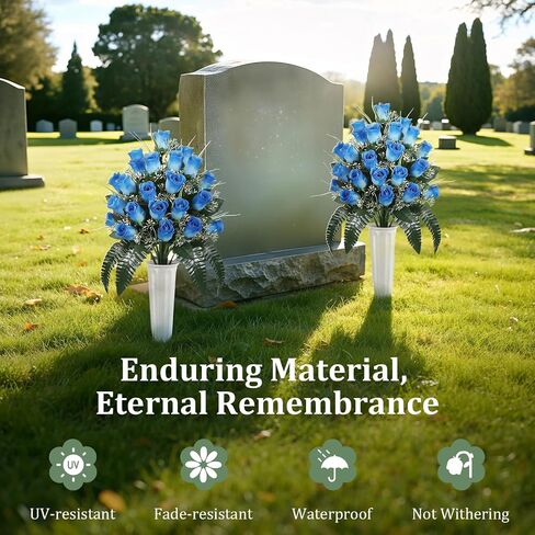 Lewondr Artificial Cemetery Flowers with Vase, 2 Sets Outdoor Grave Decorations UV Resistant Silk Rose Bouquet Graveyard Memorial Day Flowers for Cemetery Headstones Decoration, Blue in Saudi Arabia