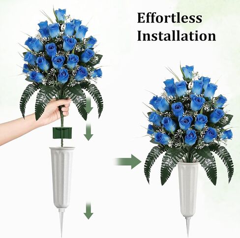 Lewondr Artificial Cemetery Flowers with Vase, 2 Sets Outdoor Grave Decorations UV Resistant Silk Rose Bouquet Graveyard Memorial Day Flowers for Cemetery Headstones Decoration, Blue in Saudi Arabia
