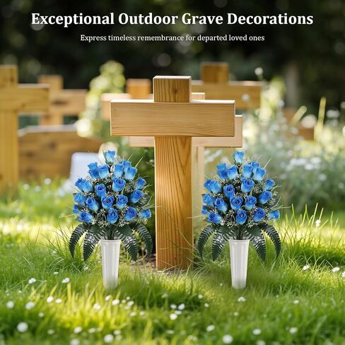 Lewondr Artificial Cemetery Flowers with Vase, 2 Sets Outdoor Grave Decorations UV Resistant Silk Rose Bouquet Graveyard Memorial Day Flowers for Cemetery Headstones Decoration, Blue in Saudi Arabia