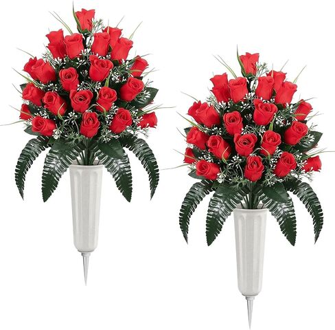 Lewondr Artificial Cemetery Flowers with Vase, 2 Sets Outdoor Grave Decorations UV Resistant Silk Rose Bouquet Graveyard Memorial Day Flowers for Cemetery Headstones Decoration, Blue in Saudi Arabia