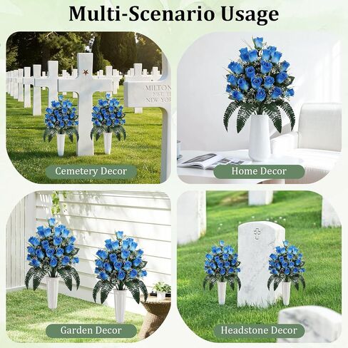 Lewondr Artificial Cemetery Flowers with Vase, 2 Sets Outdoor Grave Decorations UV Resistant Silk Rose Bouquet Graveyard Memorial Day Flowers for Cemetery Headstones Decoration, Blue in Saudi Arabia