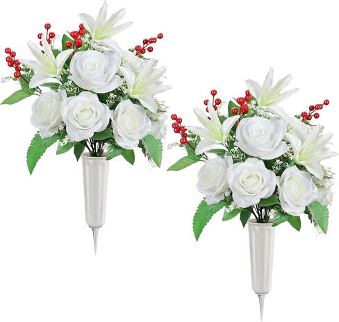 Lewondr Artificial Cemetery Flowers with Vase, 2 Sets Outdoor Grave Decorations UV Resistant Silk Rose Bouquet Graveyard Memorial Day Flowers for Cemetery Headstones Decoration, Blue in Saudi Arabia