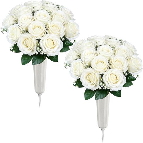 Lewondr Artificial Cemetery Flowers with Vase, 2 Sets Outdoor Grave Decorations UV Resistant Silk Rose Bouquet Graveyard Memorial Day Flowers for Cemetery Headstones Decoration, Blue in Saudi Arabia