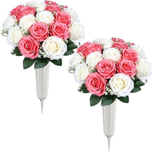 Lewondr Artificial Cemetery Flowers with Vase, 2 Sets Outdoor Grave Decorations UV Resistant Silk Rose Bouquet Graveyard Memorial Day Flowers for Cemetery Headstones Decoration, Blue in Saudi Arabia
