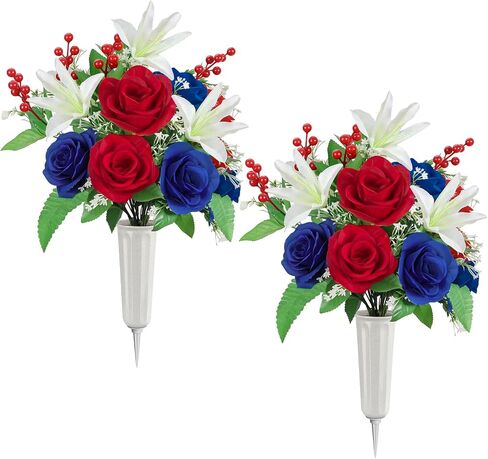 Lewondr Artificial Cemetery Flowers with Vase, 2 Sets Outdoor Grave Decorations UV Resistant Silk Rose Bouquet Graveyard Memorial Day Flowers for Cemetery Headstones Decoration, Blue in Saudi Arabia