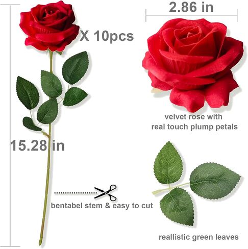 10 PCS Velvet Fake Red Roses Artificial Red Flowers Bulk, Silk Faux Roses with Stems for Wedding Centerpieces Bridal Bouquets Home Decorations Floral Arrangements in Saudi Arabia
