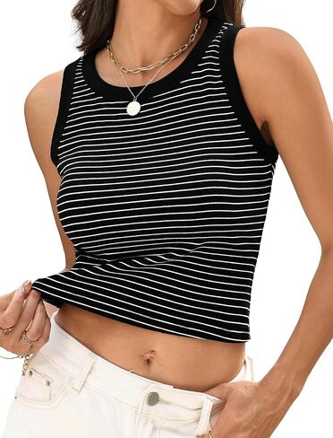 Womens High Neck Cropped Cotton Striped Tank Tops Summer Racerback Casual Ribbed Sleeveless Sweaters Shirts in Saudi Arabia