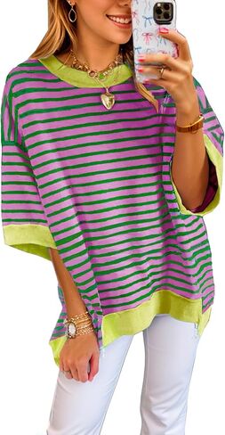 Oversized T Shirts for Women Casual Short Sleeve Striped Knit Shirt Crewneck Sweatshirts High Low Loose Blouse Tops in Saudi Arabia