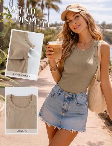 Arssm Women Tank Tops with Built in Bras Basic Sleeveless Shirts Ribbed Padded Racerback Fitted Tank Tops in Kuwait