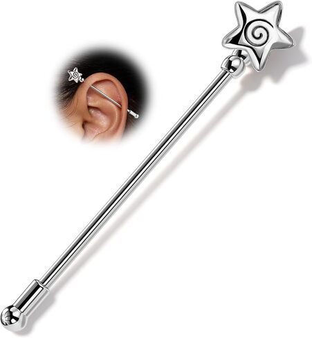 OUFER 14G Spiral Star Silver/Gold Industrial Barbell 316L Surgical Stainless Steel 38mm Long Straight Barbell Industrial Piercing Jewelry for Women Men in Kuwait