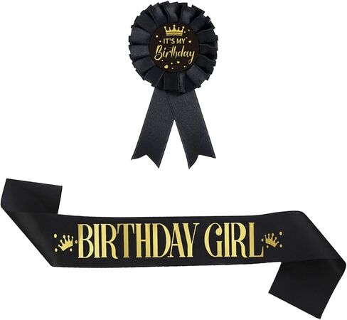 It's My Birthday Brooch Pin and Sash Set, Black and Gold Birthday Ribbon Satin Fabric Rosette Button Badge and Sash, Cute Happy Birthday Accessories for Party Decorations and Celebrations for Women in Saudi Arabia