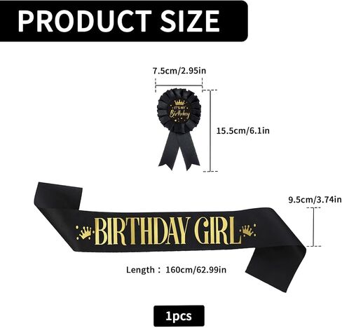 It's My Birthday Brooch Pin and Sash Set, Black and Gold Birthday Ribbon Satin Fabric Rosette Button Badge and Sash, Cute Happy Birthday Accessories for Party Decorations and Celebrations for Women in Saudi Arabia