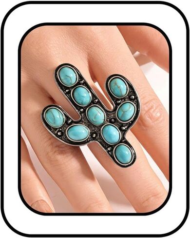 Boho Turquoise Ring for Women Western Stackable Knuckle Rings Vintage Cactus Flower Midi Finger Ring Hippie Statement Rings Jewelry Gifts for Women in Kuwait