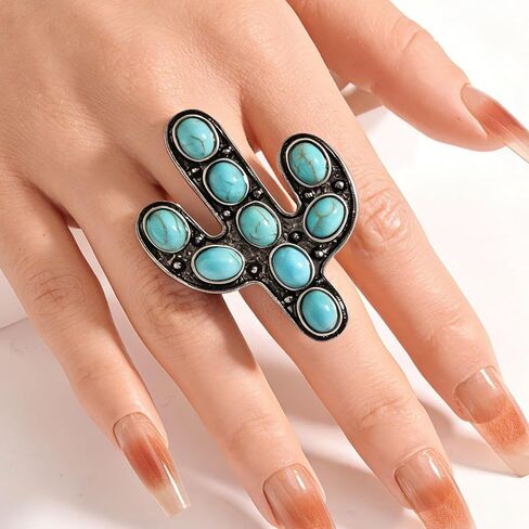 Boho Turquoise Ring for Women Western Stackable Knuckle Rings Vintage Cactus Flower Midi Finger Ring Hippie Statement Rings Jewelry Gifts for Women in Kuwait