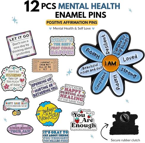 Mental Health Enamel Pin Set - 12 Pcs Positive Affirmation Enamel Pins, Inspirational Quote Lapel Pins for Backpack, Hat, Jacket, Cute Aesthetic Self Love Gifts in Saudi Arabia