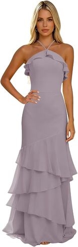 Tiered Ruffle Bridesmaid Dresses Chiffon Halter Mermaid Long Formal Dress for Women in Saudi Arabia