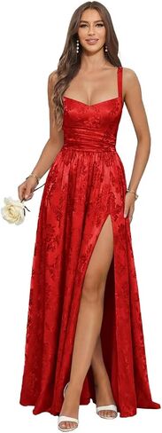 Floral Jacquard Bridesmaid Dresses for Women Satin Spaghetti Strap Prom Formal Evening Party Dress with Slit in Saudi Arabia