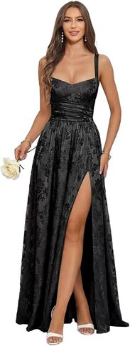 Floral Jacquard Bridesmaid Dresses for Women Satin Spaghetti Strap Prom Formal Evening Party Dress with Slit in Kuwait