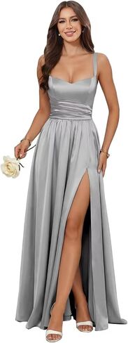 Floral Jacquard Bridesmaid Dresses for Women Satin Spaghetti Strap Prom Formal Evening Party Dress with Slit in Kuwait